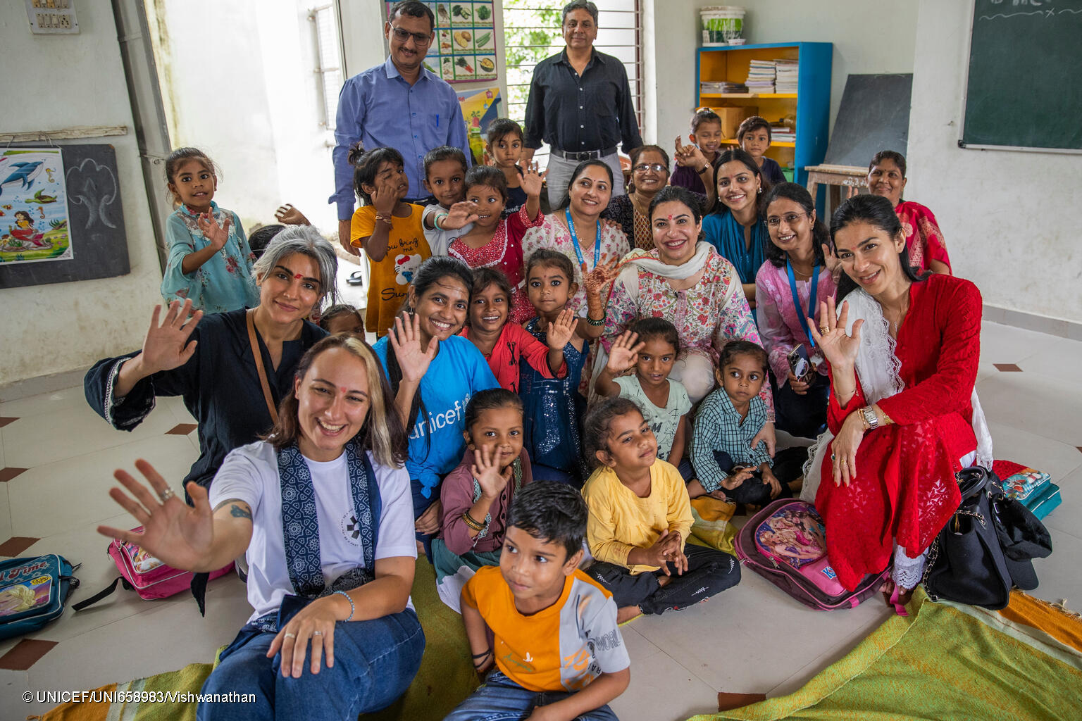Art be a part founder & UNICEF India Champion for Children Medha Nanda along with Advisory Board Member of Art be a part Namrata Shroff & Founder of Looking Glass FZE Rinku Awtani poses for a group portrait with Children & special educators.
City: Gandhinagar State: Gujarat Country: India, 10th September 2024 - Photograph By: UNICEF India/ 2024/ Prashanth Vishwanathan.